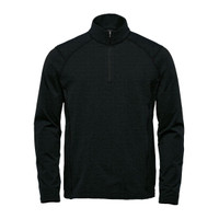 A black 1/4 zip pullover with raglan sleeves and a front zipper, featuring a brand logo.