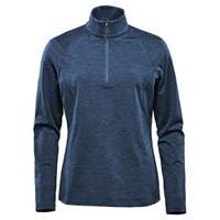 A women's 1/4 zip pullover in a dark blue colour, featuring long sleeves and a collar. It has a logo on the front.