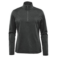 A women's dark grey 1/4 zip pullover featuring long sleeves and a high collar, with a logo on the front.