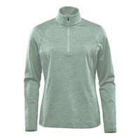 A green women's 1/4 zip pullover jumper with long sleeves and a collar. It features a logo on the front.