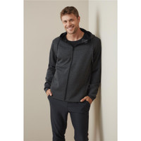 A men's recycled scuba jacket in dark grey with a hood, featuring a logo on the front.