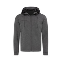 A grey men's recycled scuba jacket with a hood, featuring a zip front and drawstring detail. It has a logo.