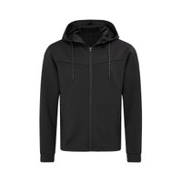 A black men's recycled scuba jacket with a hood and zip-up front, featuring a logo on the chest area.