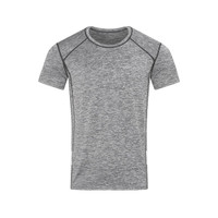A grey short-sleeved T-shirt made from recycled materials, featuring a logo.