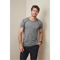 A grey marled men's T-shirt with contrasting seams, featuring a logo on the chest, paired with black trousers.