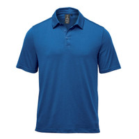 A blue polo shirt featuring a collar, short sleeves, and a three-button placket. It has a logo on the chest.