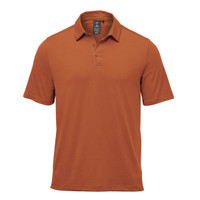 A short-sleeved, rust-coloured polo shirt featuring a collar and a logo.