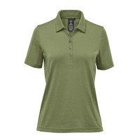 A women's polo shirt in a green hue featuring a collar and button placket, with a logo on the chest.