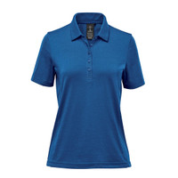A blue women's polo shirt with a collar, featuring a logo and designed for casual wear.