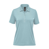 A light blue women's polo shirt with a collar and buttons, featuring a branded logo.