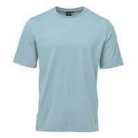 A light blue men's t-shirt with short sleeves and a round neckline. It features a logo on the label.