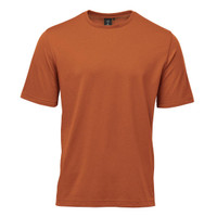 An orange men's t-shirt with short sleeves and a round neckline. It features a branding logo.