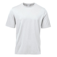 A plain white men's t-shirt with short sleeves, featuring a logo on the label.
