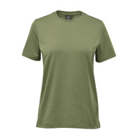 An olive green women's t-shirt with a classic crew neckline and short sleeves. Features a logo on the label.