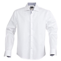 A white button-up shirt featuring long sleeves and a contrasting collar, with a logo on the label.