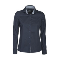 A dark navy women's button-up blouse with long sleeves and a contrasting inner collar. Features a logo on the label.