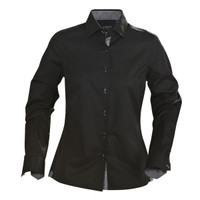 A black button-up blouse with a tailored fit and long sleeves, featuring a logo on the collar.