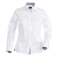 A white button-up blouse with long sleeves and a contrasting inner collar detail. The shirt features a logo.