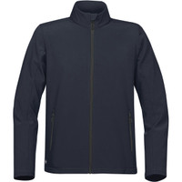 A dark navy softshell jacket with a full zip and two zipped pockets, featuring a logo.