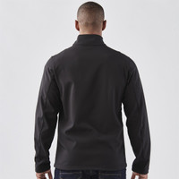 A softshell jacket in black, featuring a stand-up collar, viewed from the back. It has a logo.