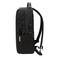 A dark grey backpack with padded straps, featuring multiple compartments and a logo on the side.