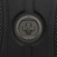 A close-up of a black backpack featuring a round logo with a minimalist design.