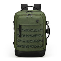 A green Swissdigital Berg L Backpack features multiple zip pockets, a textured front, and adjustable straps.