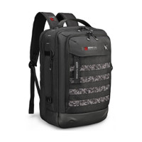 Black tactical backpack with multiple compartments and padded straps.
