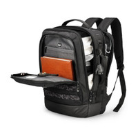Black backpack with organized compartments and visible contents like notebook and clothing.