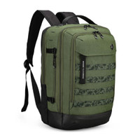 Green tactical backpack with multiple compartments and padded straps.