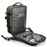 Green travel backpack open to show organized compartments for gadgets and accessories.