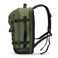 Green tactical backpack with black straps and buckles side view.