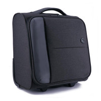 A wheeled underseat luggage bag in black fabric with a smooth side panel and a handle on top.