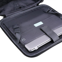 A sleek black wheeled bag with a padded compartment and adjustable straps for securing a laptop inside.