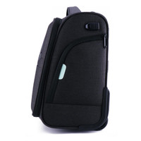 A wheeled underseat luggage bag in dark grey with a zippable compartment and a brand logo.