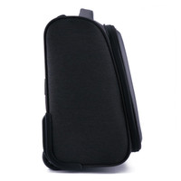 A black wheeled underseat luggage bag with a sleek design and a side view showcasing its compact shape.