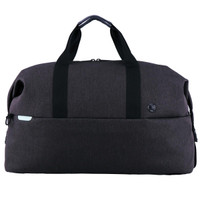 A dark grey duffle bag with dual black handles and a logo on the front.