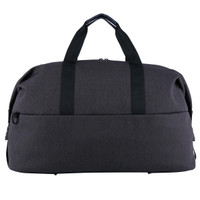 A grey duffle bag with black handles and a zip closure, featuring a logo on the side.