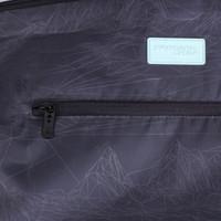 A black duffle bag with a geometric pattern and a logo, featuring a zippered pocket.