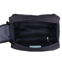 A black wash bag with a zippered closure and a mesh pocket inside, featuring a logo.