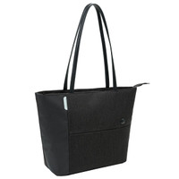 A black tote bag with long handles features a textured design and a front pocket, along with a logo.