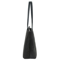 A sleek black tote bag with long handles, featuring a modern design and a subtle logo.