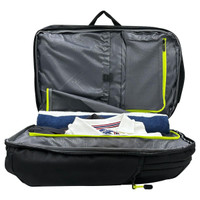 A black Swissdigital Java Backpack with yellow accents, featuring an open compartment revealing a towel and a folded shirt.
