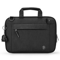 A black laptop sleeve with zip closure, front pocket, and carry handles; features a logo.