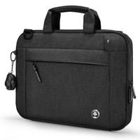 A black laptop sleeve with a handle and front pocket, featuring a logo and a small decorative charm.