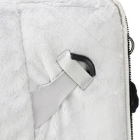 A soft, grey laptop sleeve with a strap and a black clip. It features a plush interior for protection.
