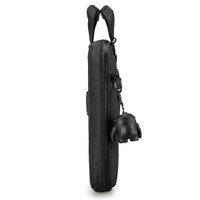 A black laptop sleeve with a zipper, featuring a charm attached to the side. It has two top handles for carrying.