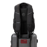 A black Swissdigital Neptune Backpack displaying padded straps and mesh detailing, designed for easy transport on luggage.