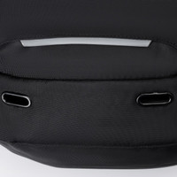 A black backpack featuring a sleek design with dual openings and a logo.