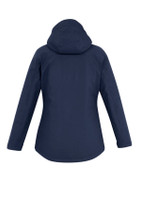 A navy blue women's jacket featuring a hood and a sleek, minimal design. It includes a logo on the back.